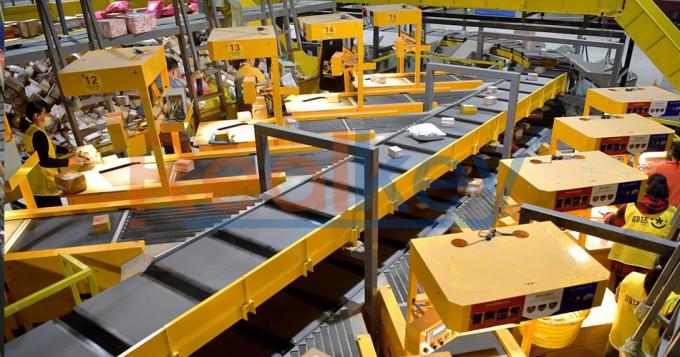 مرتب کننده کمربند متقاطع in operation at a logistics facility
