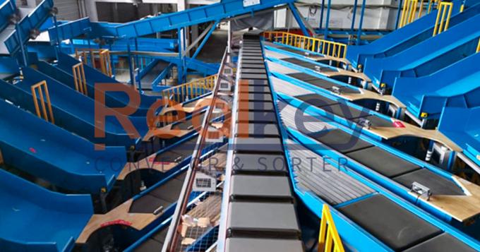 Realkey مرتب کننده کمربند متقاطع system in operation showing parcel sorting process