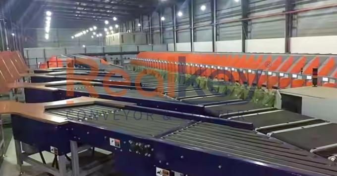 Realkey مرتب کننده کمربند متقاطع in operation showing parcel sorting process